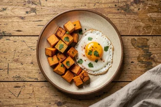 Assiette rustique de patate douce rôtie et œuf au plat sur une table en chêne, vue de dessus