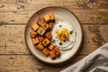 Assiette rustique de patate douce rôtie et œuf au plat sur une table en chêne, vue de dessus