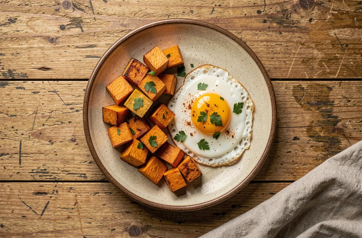 Assiette rustique de patate douce rôtie et œuf au plat sur une table en chêne, vue de dessus