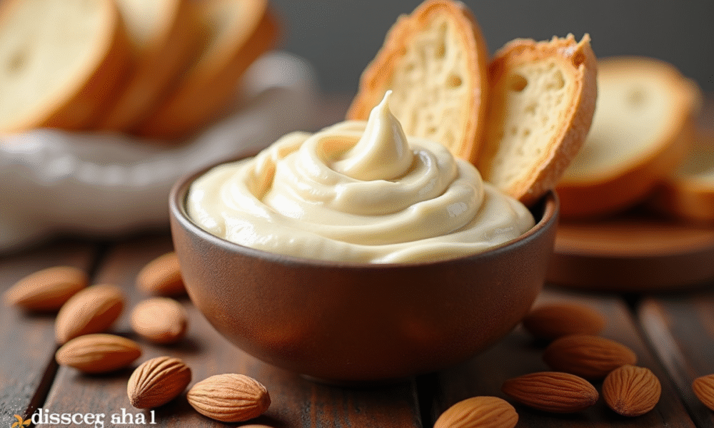 Pot de pâte aux amandes avec amandes entières et baguette