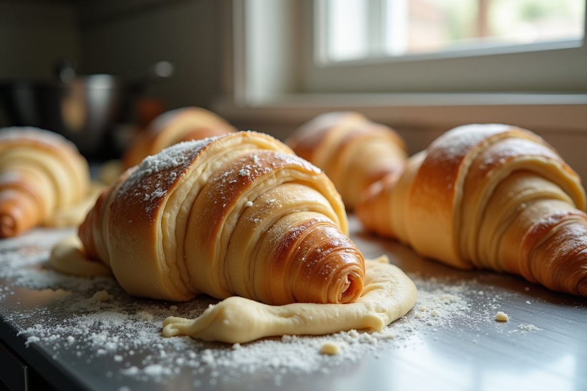 Pâte à croissants et pains au chocolat en préparation sur un plan de travail