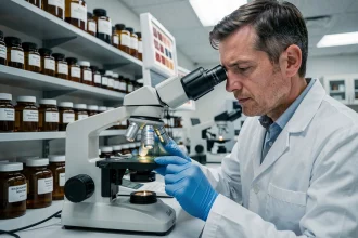 Pathologiste examinant une lame histologique au microscope optique dans un laboratoire d'anatomopathologie moderne pour distinguer autolyse et nécrose tissulaire