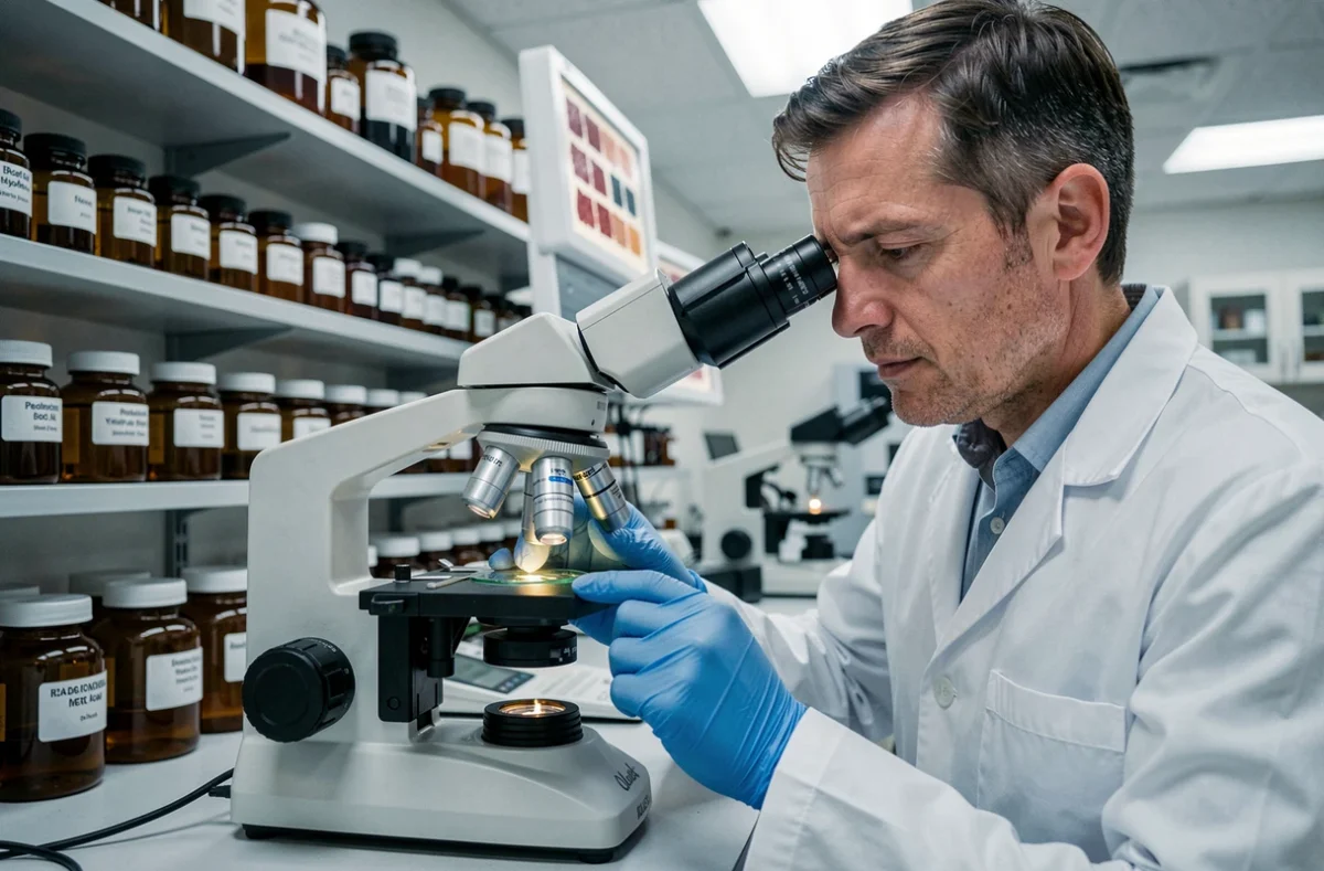 Pathologiste examinant une lame histologique au microscope optique dans un laboratoire d'anatomopathologie moderne pour distinguer autolyse et nécrose tissulaire