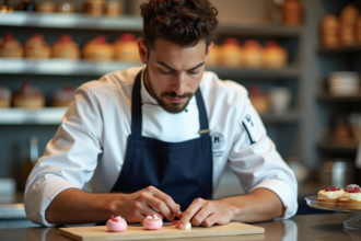 Jeune pâtissier en action dans une cuisine moderne