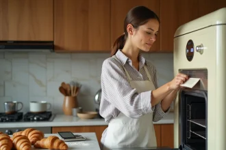 Pâtissière débutante réglant le thermostat de son four à 180 degrés dans une cuisine maison avec des croissants non cuits sur le plan de travail