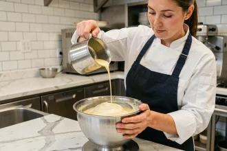 Cheffe pâtissière versant un sirop de sucre cuit en filet dans un batteur pour réaliser une pâte à bombe professionnelle