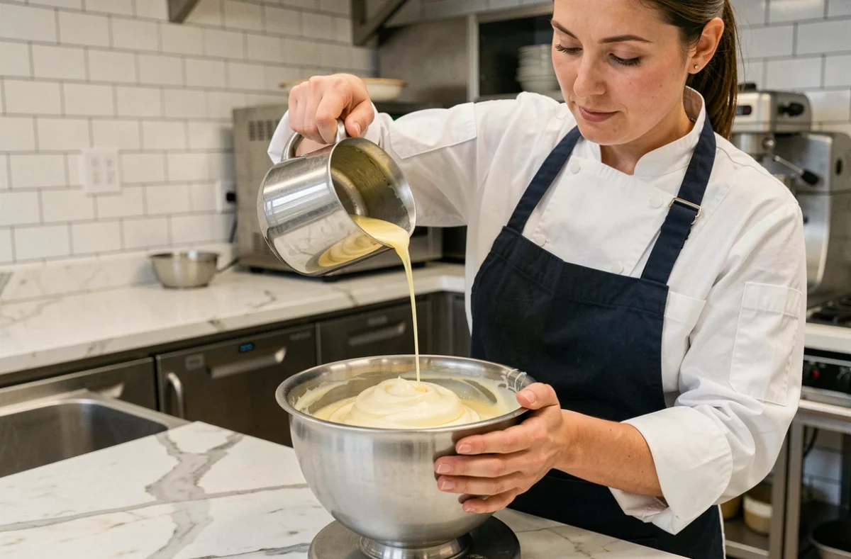 Cheffe pâtissière versant un sirop de sucre cuit en filet dans un batteur pour réaliser une pâte à bombe professionnelle