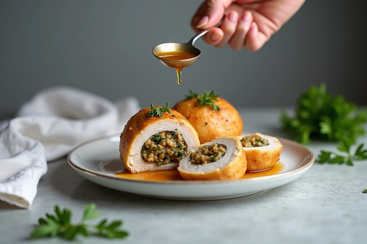 Gros plan d'une paupiette de porc tranchée révélant la farce aux herbes, avec un filet de jus de cuisson sur une assiette blanche