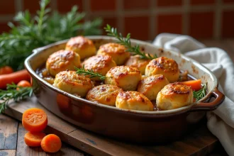 Plat de paupiettes de porc au four dans un plat en céramique rustique avec carottes et thym, posé sur une table en bois