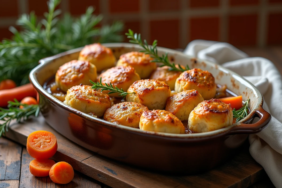 Plat de paupiettes de porc au four dans un plat en céramique rustique avec carottes et thym, posé sur une table en bois