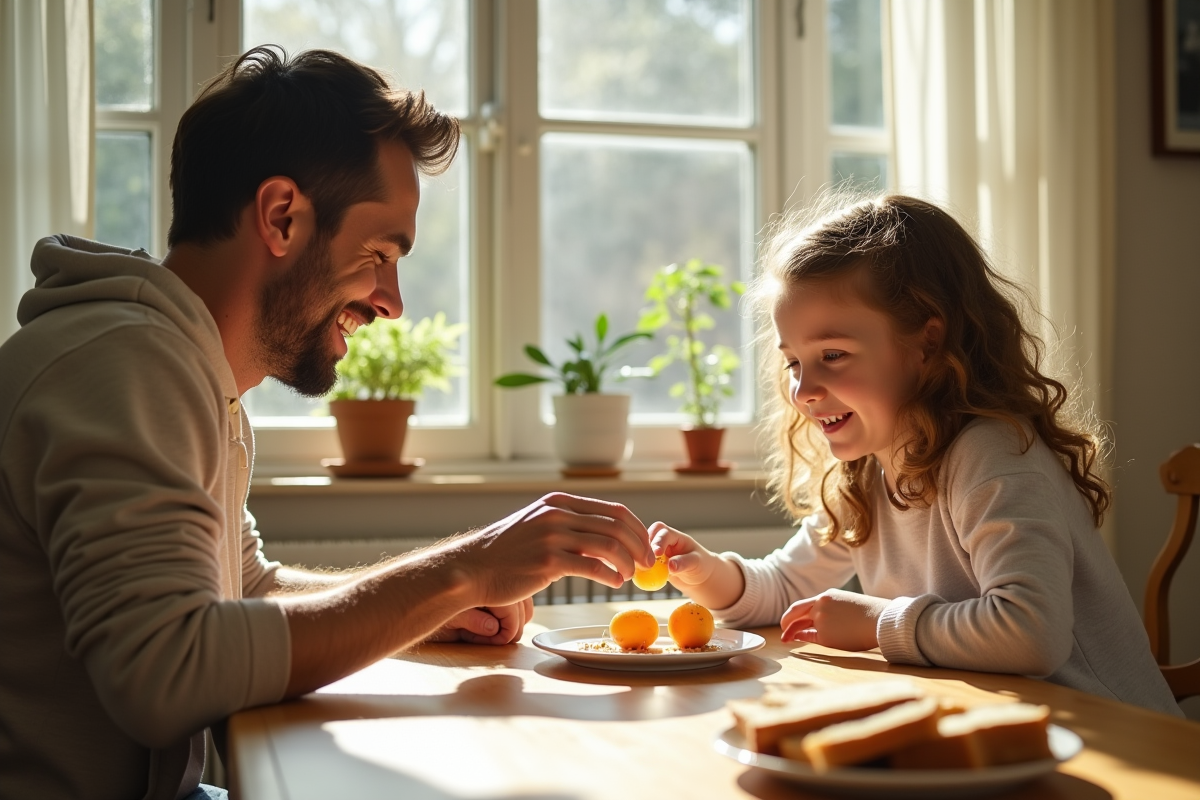 Père et fille au petit déjeuner avec œufs et pain complet