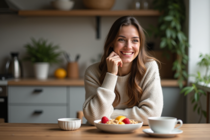 Jeune femme souriante prenant un petit déjeuner sain
