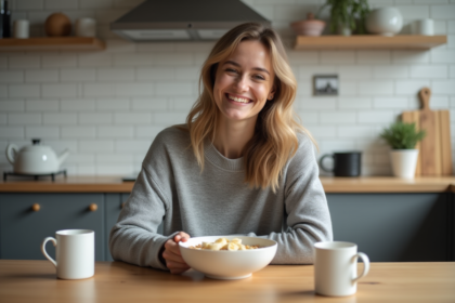 Jeune femme mangeant banane au petit déjeuner cosy