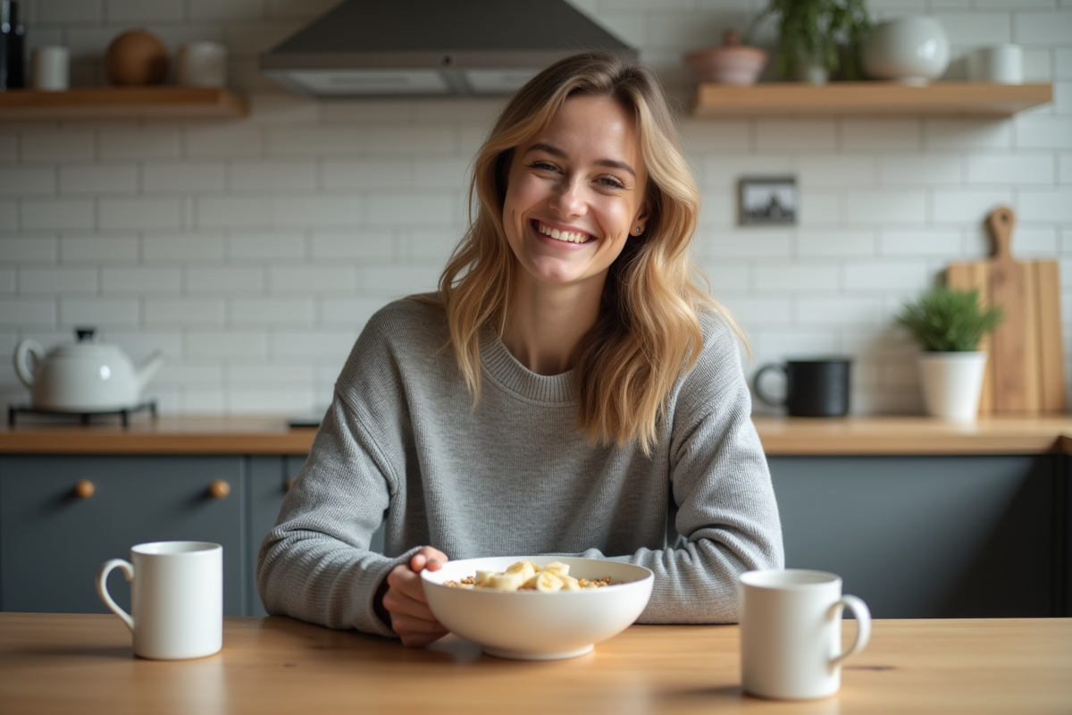 Jeune femme mangeant banane au petit déjeuner cosy
