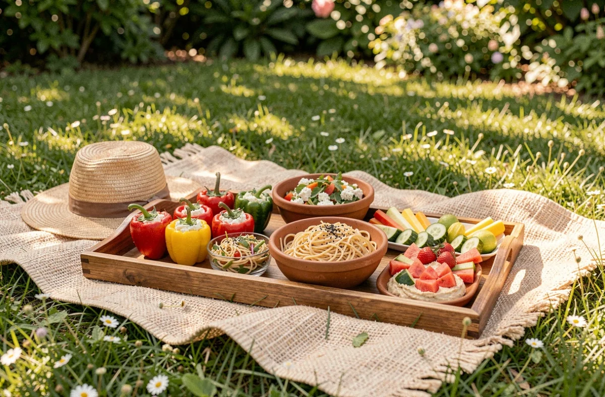 Pique-nique estival en plein air avec un assortiment de plats froids et légers sans cuisson : poivrons farcis, salade pastèque-feta et houmous