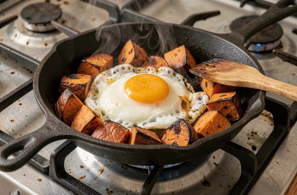 Poêle en fonte avec patate douce caramélisée et œuf au plat sur un feu de cuisinière