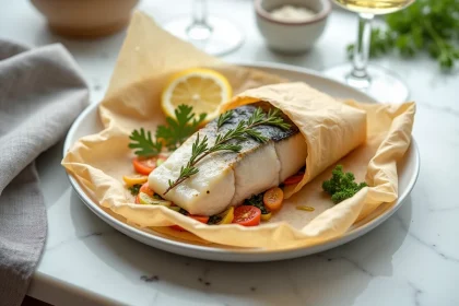 Filet de poisson en papillote ouvert sur une assiette en céramique blanche avec citron et thym frais, vue du dessus