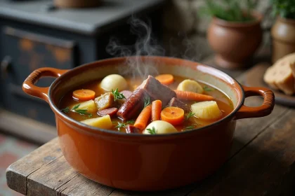 Potée auvergnate traditionnelle dans un pot en céramique rustique sur une table en chêne de ferme, avec lard, saucisse fumée, carottes et chou dans un bouillon ambré