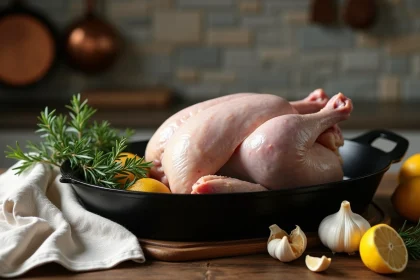 Poulet entier cru d'1,5 kg dans un plat en fonte avec ail, thym et citron prêt à enfourner