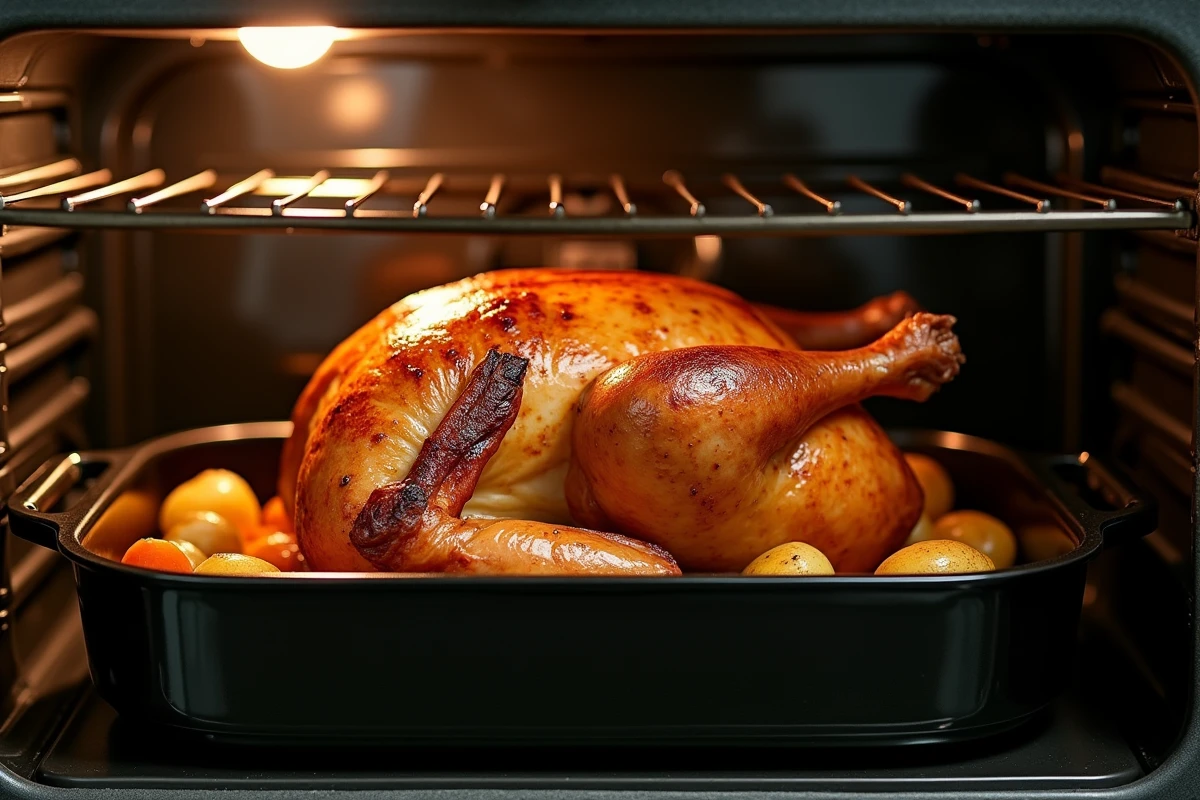 Poulet rôti doré sorti du four avec jus de cuisson et légumes caramélisés dans un plat à rôtir