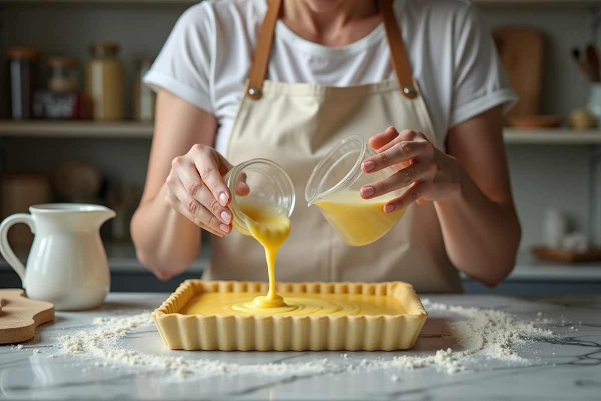 Femme versant l'appareil à quiche dans un moule rectangulaire sur un plan de travail en marbre