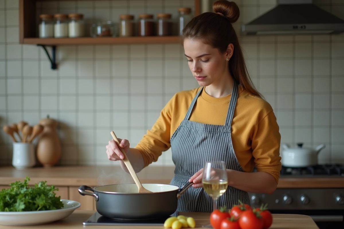 Jeune femme en tablier préparant une blanquette de veau dans une cuisine moderne, remuant la casserole avec une cuillère en bois