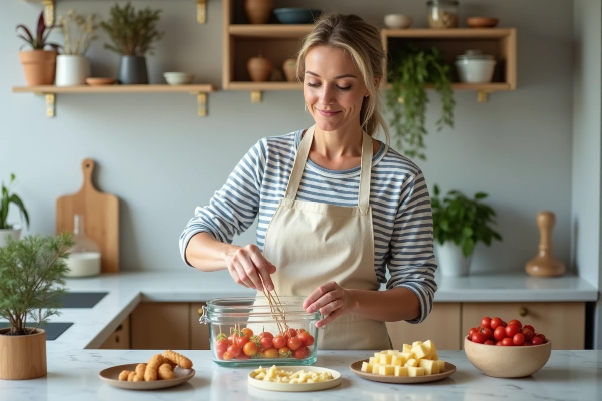 Femme préparant des brochettes apéro à l'avance dans une cuisine moderne avec des ingrédients frais