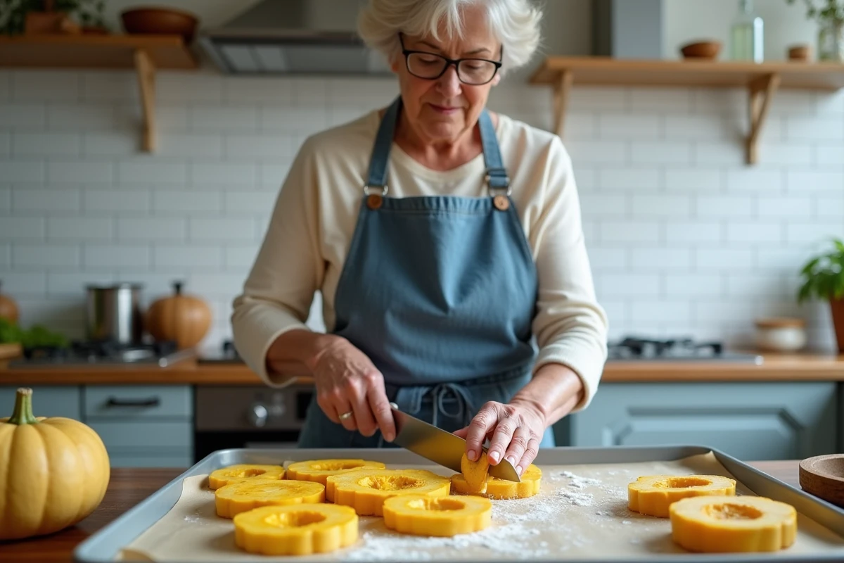 Femme découpant une courge longue de Nice en rondelles sur un plan de travail avec couteau de chef et plaque de cuisson