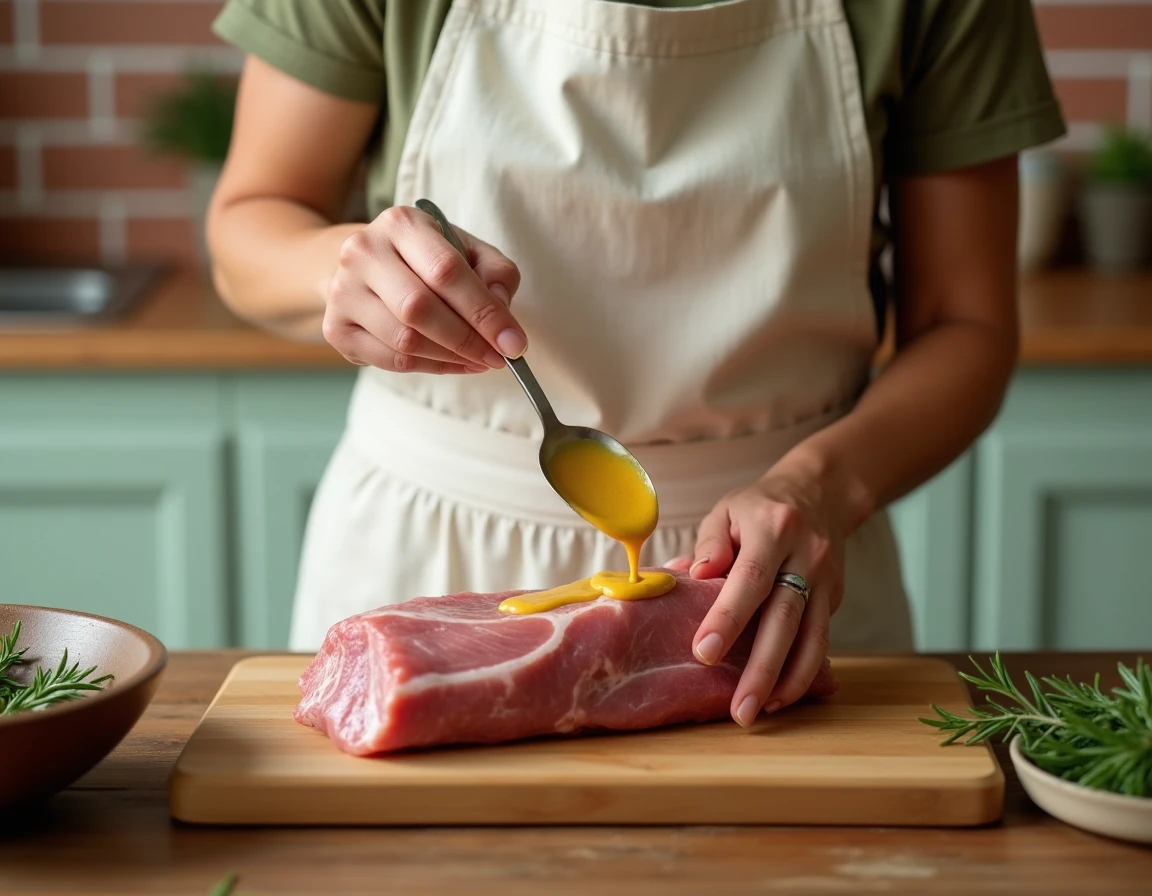 Cuisinière badigeonnant un filet mignon cru de moutarde à l'ancienne dans une cuisine rustique aux tons chaleureux
