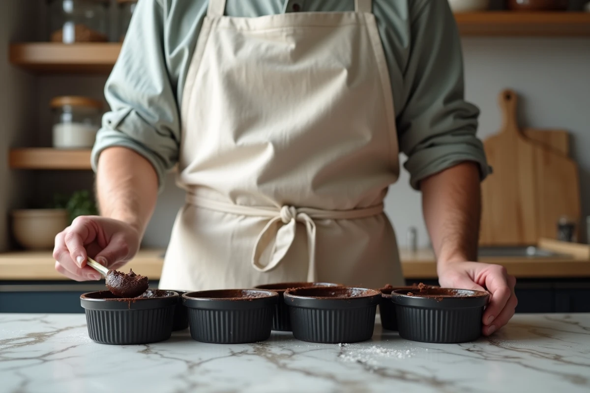 Chef à domicile préparant des fondants au chocolat en versant la ganache dans des ramequins sur plan de travail en marbre