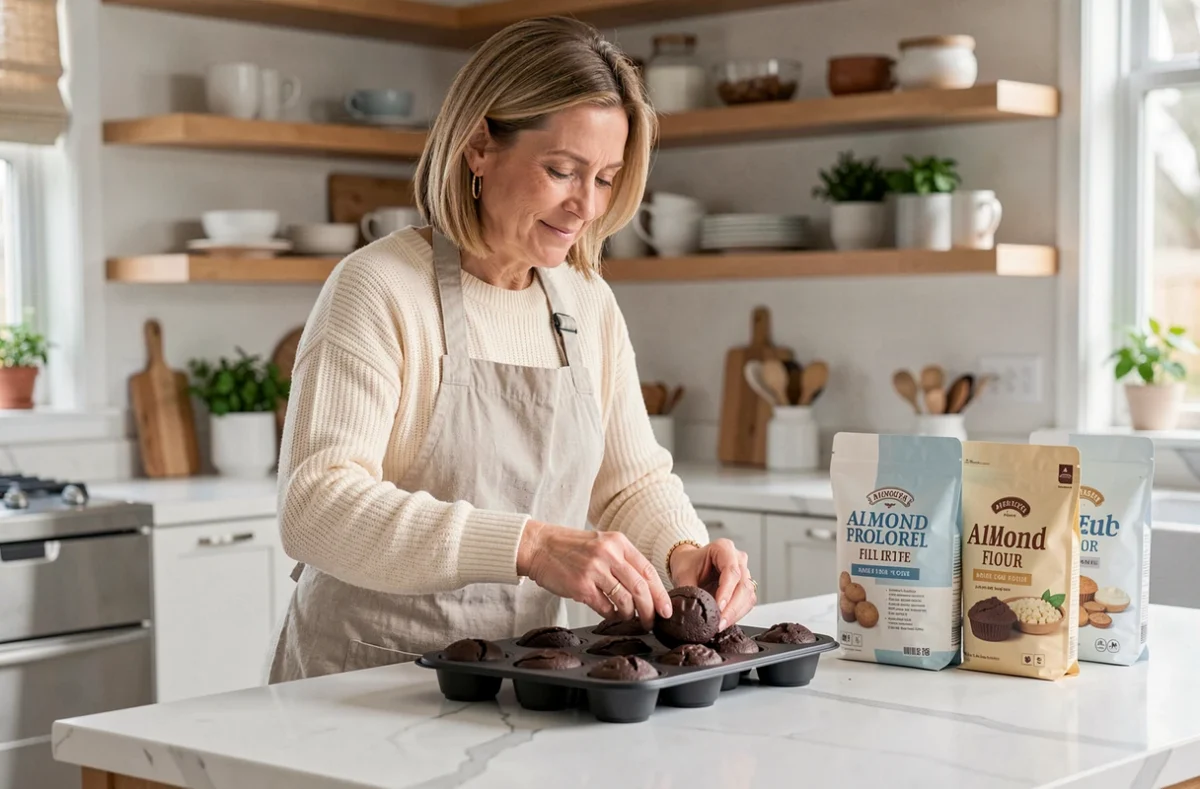 Femme préparant des fondants au chocolat sans gluten dans une cuisine moderne avec moule en silicone