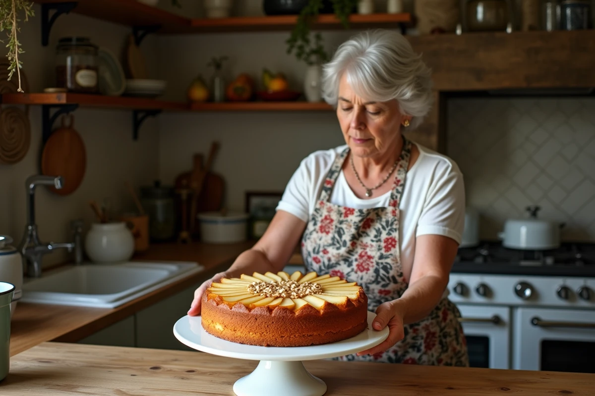 Femme âgée aux cheveux argentés déposant un gâteau poire amande sur un présentoir blanc dans une cuisine vintage avec étagères en bois et herbes séchées