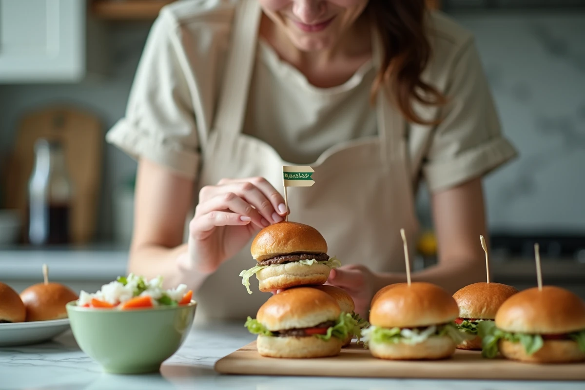Femme préparant des mini hamburgers apéro dans une cuisine moderne, disposant des cure-dents décoratifs sur les petits pains garnis