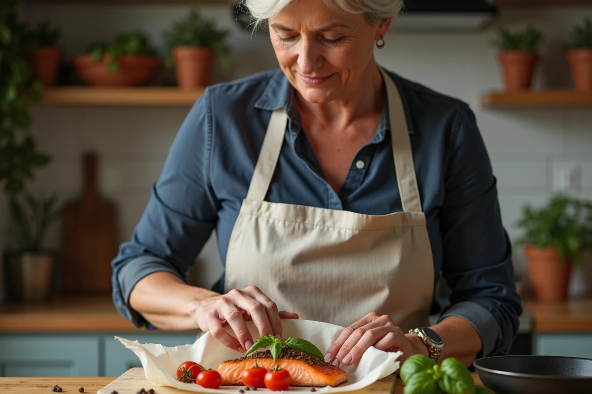 Femme en tablier de lin préparant une papillote de saumon aux tomates cerises et basilic dans une cuisine familiale