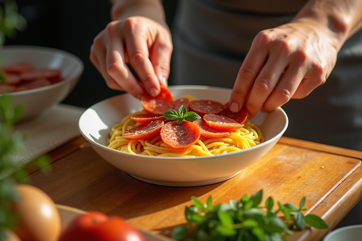 Mains préparant des pâtes avec du chorizo dans une cuisine méditerranéenne