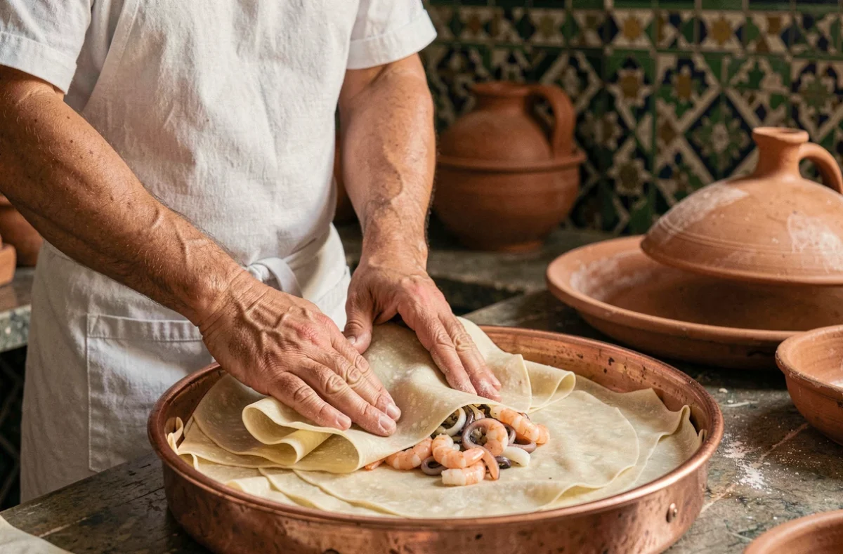 Cuisinière marocaine en tablier blanc assemblant une pastilla aux fruits de mer avec de la pâte warqa dans une plaque en cuivre