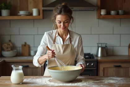 Femme préparant une pâte à crêpes avec 500g de farine et 1 litre de lait dans un bol en céramique sur un plan de travail en bois rustique