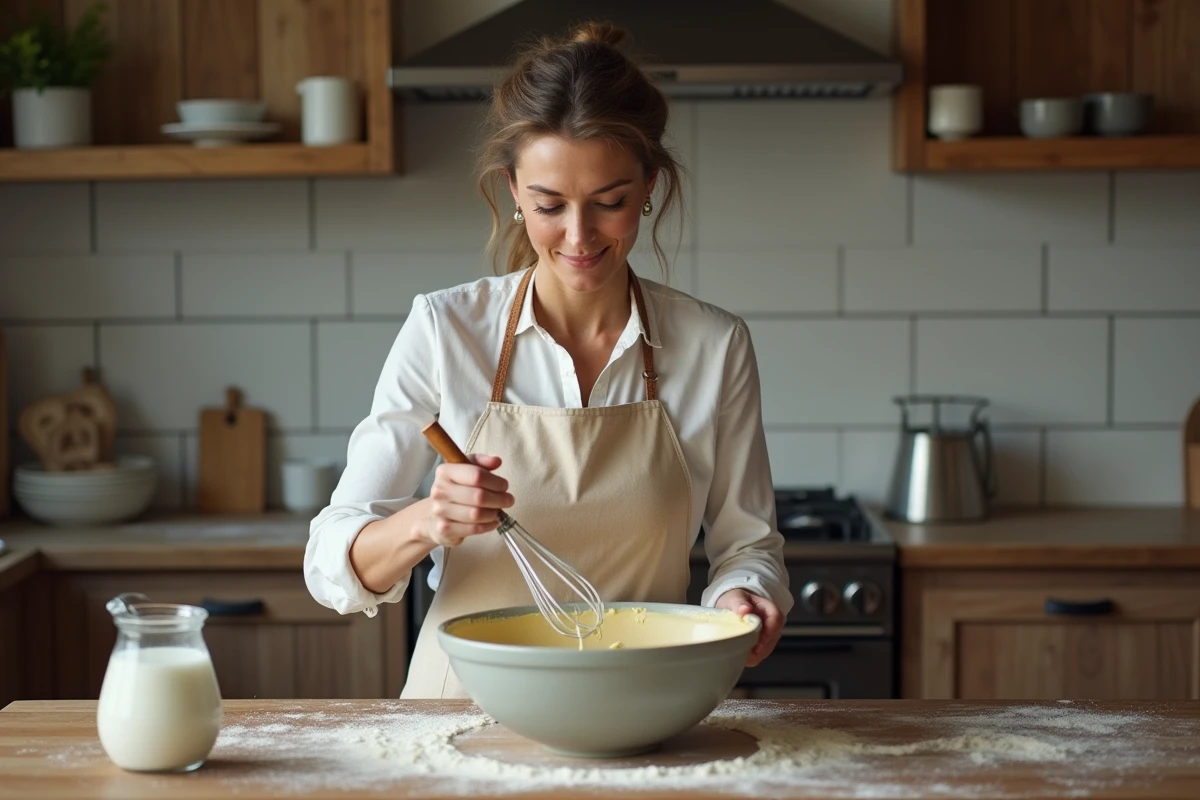 Femme préparant une pâte à crêpes avec 500g de farine et 1 litre de lait dans un bol en céramique sur un plan de travail en bois rustique
