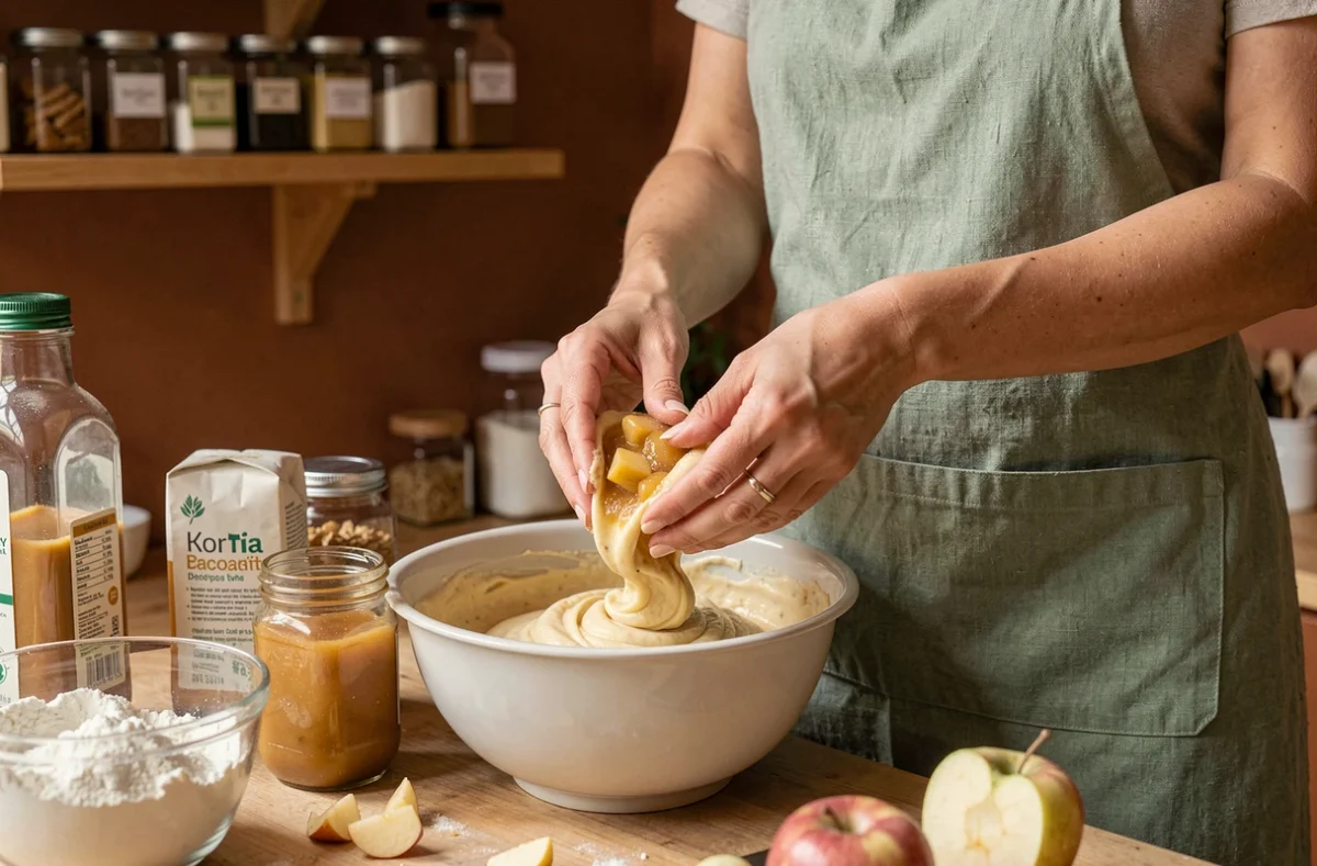 Mains d'une femme en tablier vert sauge incorporant de la compote de pomme dans une pâte à gâteau vegan dans une cuisine chaleureuse aux tons terracotta