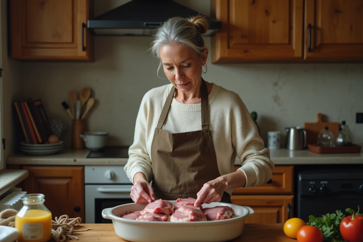 Femme préparant des paupiettes de porc maison dans une cuisine modeste, posant la viande dans un plat à rôtir avant la cuisson au four