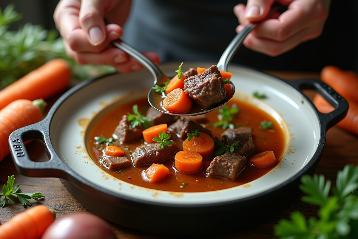 Mains servant un ragoût de boeuf et carottes dans une casserole en fonte