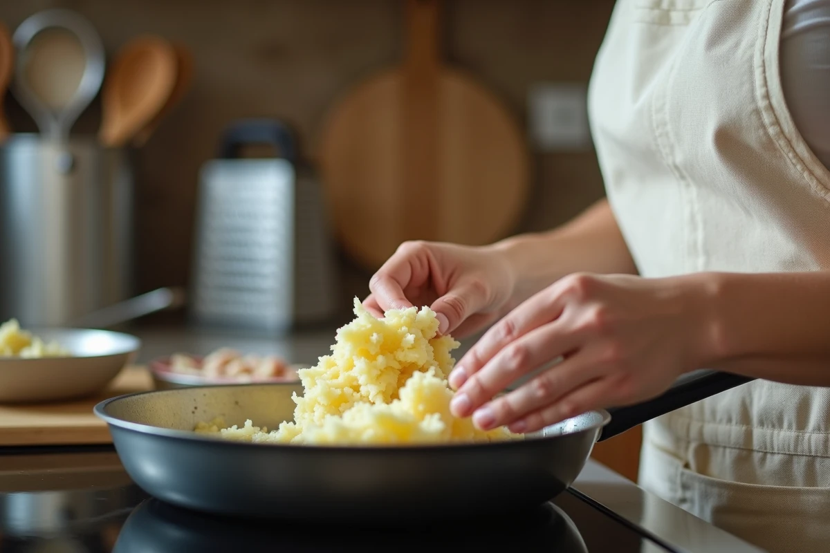 Femme préparant une rapée de pomme de terre croustillante en pressant la mixture dans une poêle antiadhésive