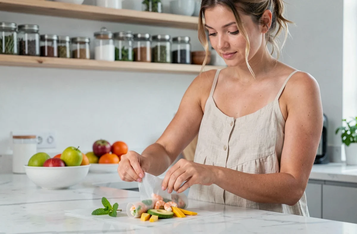 Jeune femme préparant des rouleaux de printemps frais sans cuisson dans une cuisine moderne pour un dîner léger d'été