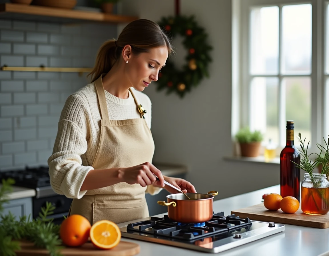 Cuisinière préparant une sauce au porto et au miel dans une casserole en cuivre pour le magret de canard de Noël