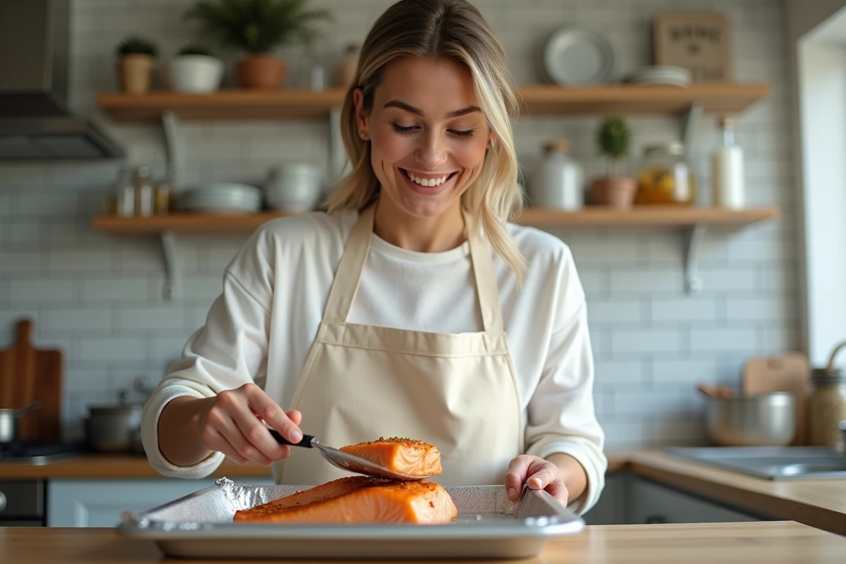 Femme préparant un filet de saumon au four dans une cuisine familiale moderne avec tablier crème et spatule