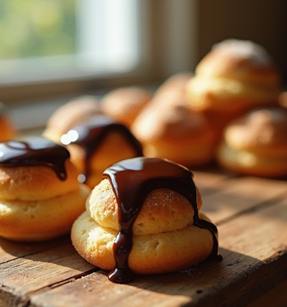 Profiteroles traditionnelles françaises sur une table en bois