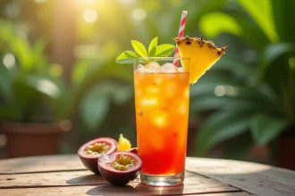 Verre de punch exotique tropical garni d'ananas et de fruit de la passion sur une table en bois rustique dans un jardin tropical