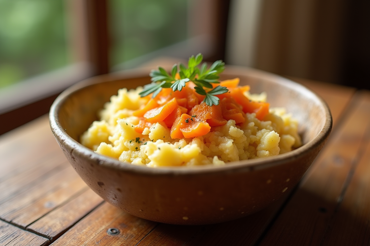Plat de purée de carottes et pommes de terre dans un bol en céramique