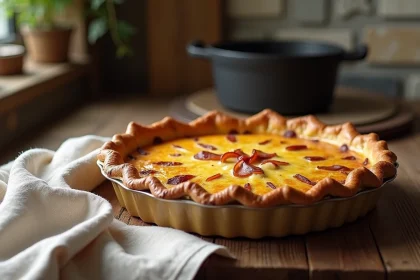 Quiche lorraine maison dans un moule rond en céramique posée sur une table en bois rustique