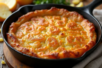 Rapée de pomme de terre ultra croustillante dorée dans une poêle en fonte sur une table en bois rustique